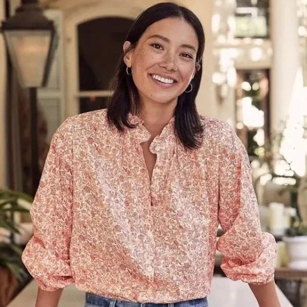 LOFT Peach Orange Floral Ruffle Neck Peasant Blouse Size Medium Petite - Picture 8 of 11